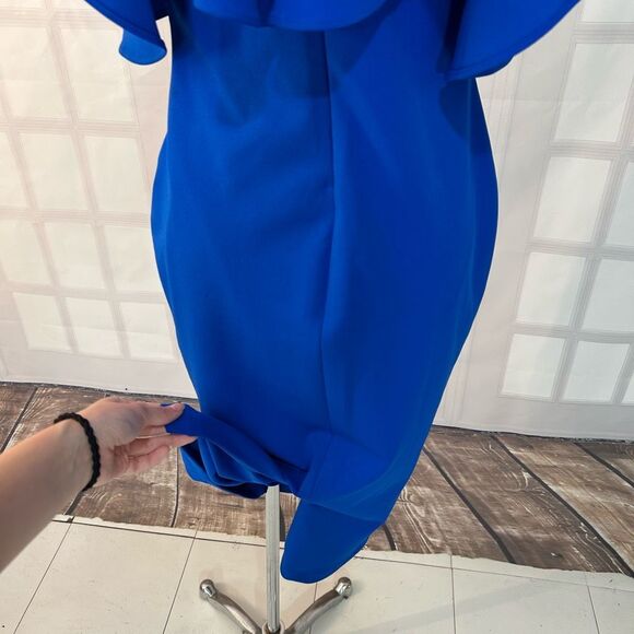 Rachel Roy Cold Shoulder blue flounce pencil Dress Size Large - Picture 7 of 12